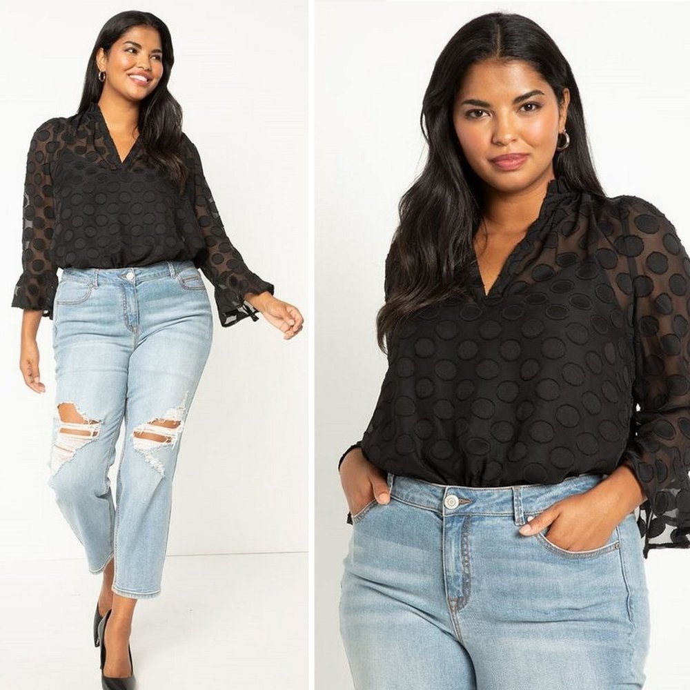 🖤 NEW Eloquii Black Dot Ruffle Neck Blouse with Flounce Cuff 20